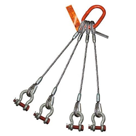 Four Leg Wire Rope Sling, 3/8 In Dia, 5 Ft Length, Bolt Anchor Shackle, 5 Ton Capacity